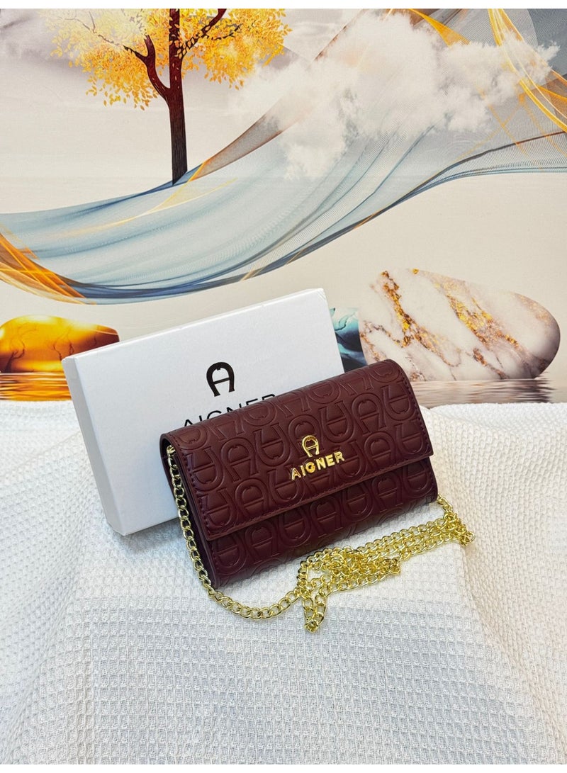 AIGNER Elegant Aigner Burgundy Designer Chain Wallet with Gold Accents - Image 1